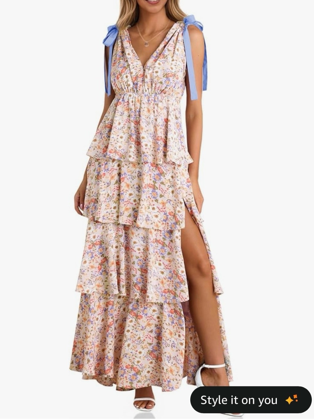 Wenrine Womens Summer Floral Maxi Dress Tie Strap Sleeveless V Neck High Slit